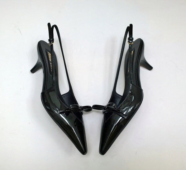 Miu Miu Decollete Black Patent Slingback Bow Heels