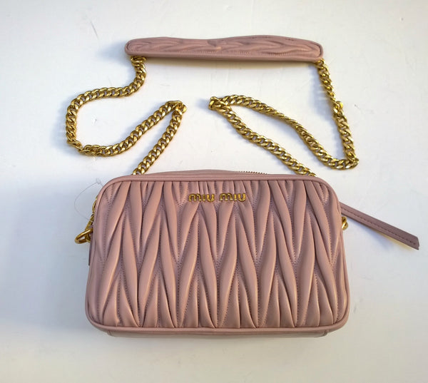 Miu Miu Matelasse Dusty Pink Mauve Leather Camera Bag with Gold Tone Chain