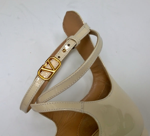 Valentino Garavani Tango 60 Ankle Strap Block Heels in Cream Patent Leather.