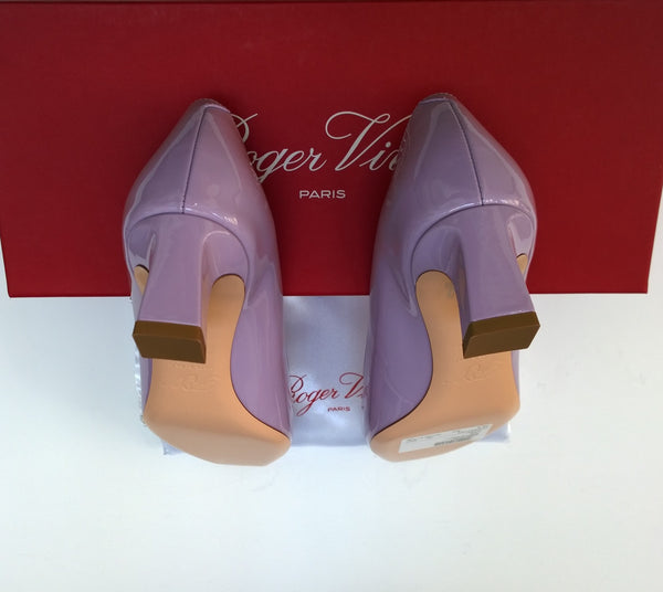 Roger Vivier Trompette 45 Baby Purple Lavender Patent Leather Block Heels Kitten Shoes