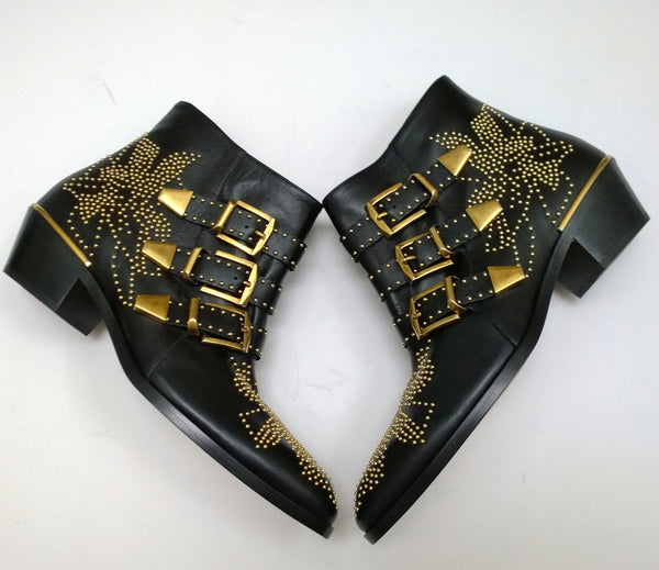 Chloé Susanna Black Leather Ankle Gold Studs Buckle Boots Studded New in Box