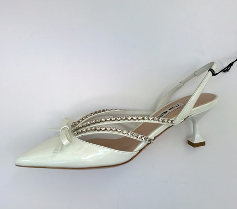 Miu Miu White Patent Slingback Heels with Rhinestones and Bow