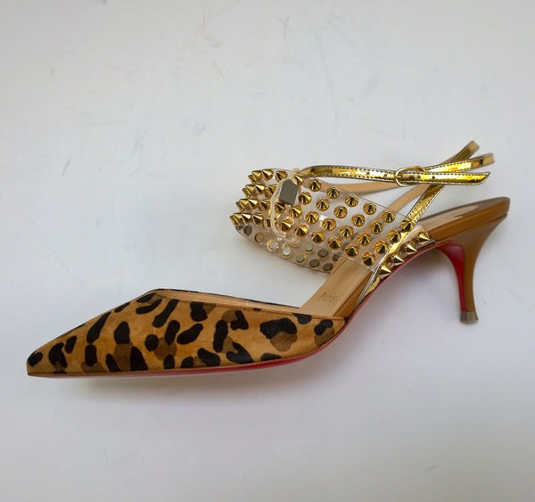 Christian Louboutin Levita 55 Leopard Suede PVC Gold Studs Heels with Gold Strap