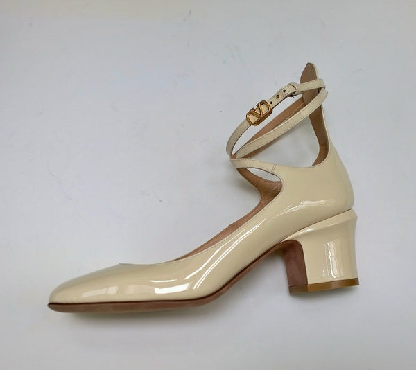 Valentino Garavani Tango 60 Ankle Strap Block Heels in Cream Patent Leather.