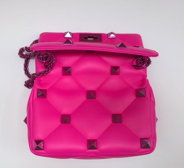 Valentino Garavani Roman Stud Medium PP Pink Fuchsia Rocktud Chain Handbag