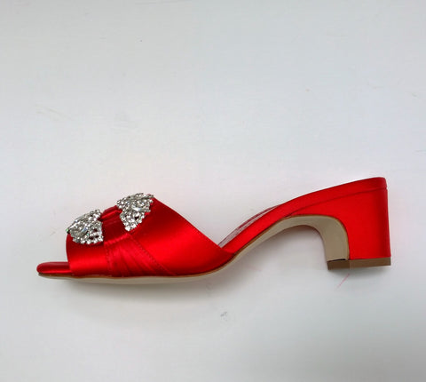 Manolo Blahnik Prinap 50 Bright Red Satin Rhinestone Sandals Slides