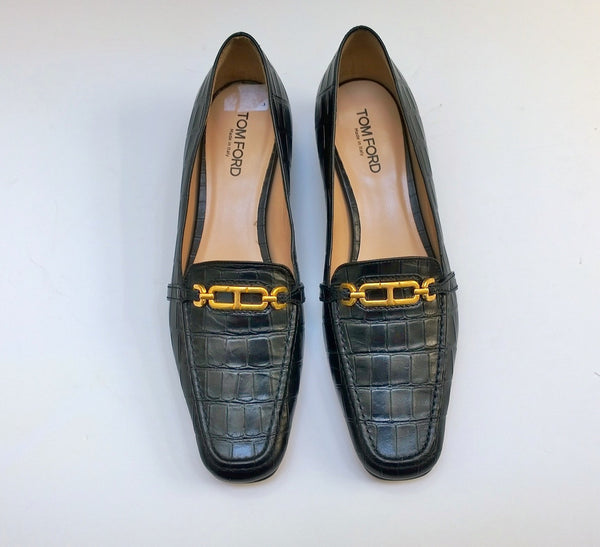 Tom Ford Whitney Black Leather Croc Embossed Block Heel Loafers Flats