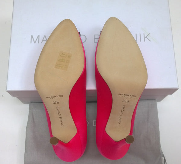 Manolo Blahnik Bright Pink Hangisi 105 Heels with Turquoise Blue Rhinestone Buckle Shoes