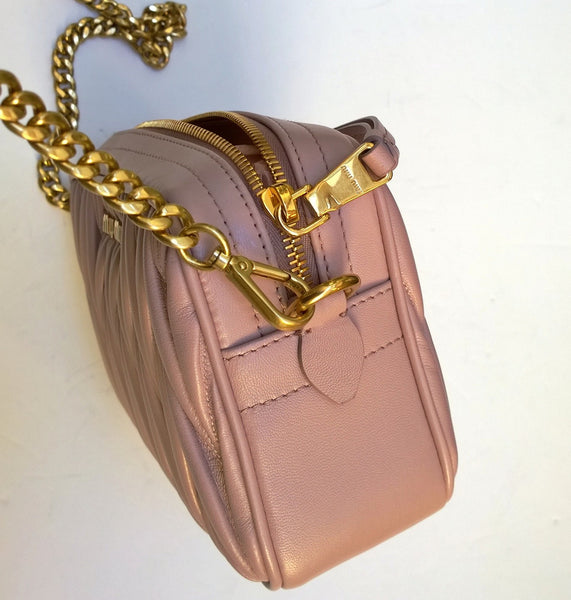 Miu Miu Matelasse Dusty Pink Mauve Leather Camera Bag with Gold Tone Chain