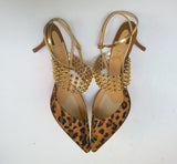 Christian Louboutin Levita 55 Leopard Suede PVC Gold Studs Heels with Gold Strap