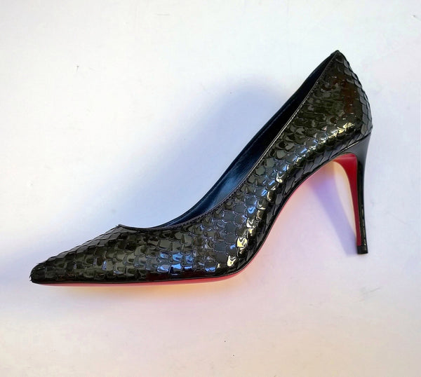 Christian Louboutin Kate 85 Black Patent Snake Embossed Heels