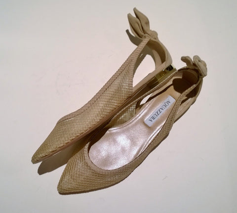 Aquazzura Bow Tie Mesh Ballet Flats in Beige Nude Shoes