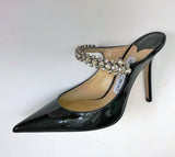 Jimmy Choo Bing 100 Black Patent Rhinestone Strap Mules Heels