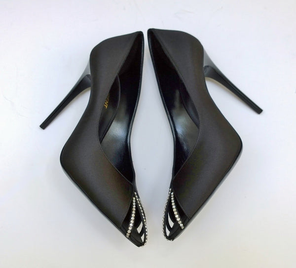 Saint Laurent Alix Black Satin Rhinestone Heels Peep Toe