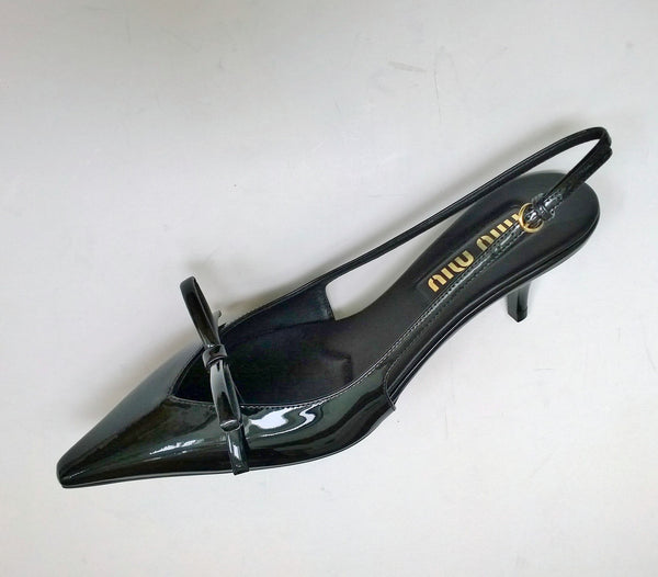 Miu Miu Decollete Black Patent Slingback Bow Heels