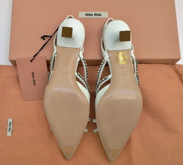 Miu Miu White Patent Slingback Heels with Rhinestones and Bow