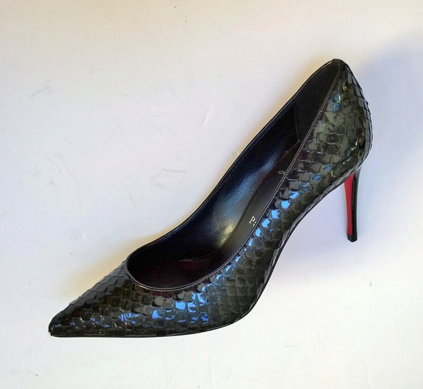 Christian Louboutin Kate 85 Black Patent Snake Embossed Heels