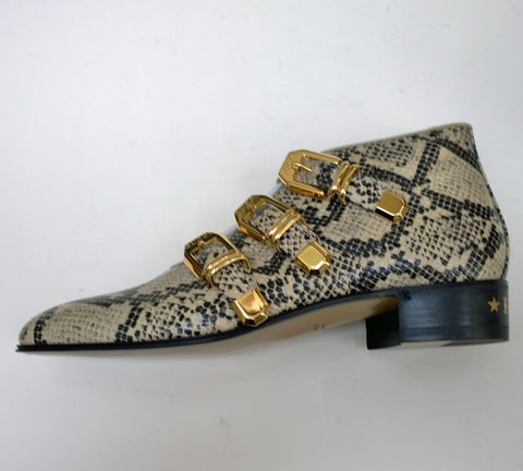 Gucci Python Print Leather Ankle Boots with Gold Logo Buckles Shoes Avana