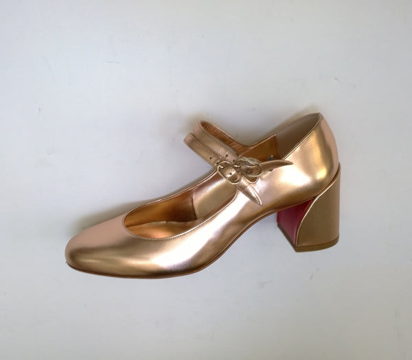 Christian Louboutin Miss Jane 55 Rose Gold Metallic Leather Mary Jane Ankle Strap Heels