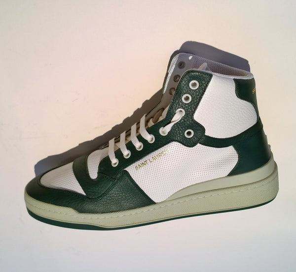 Saint Laurent SL24 High Top Sneakers in White and Green Leather NIB Shoes