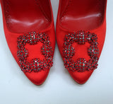 Manolo Blahnik Hangisi 105 Red Satin Heels with Red Rhinestone Buckle Shoes