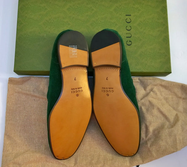 Gucci Jordaan Green Suede Bit Loafers Flats Shoes