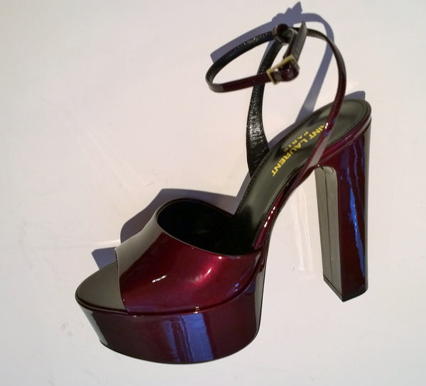 Saint Laurent Jodie Sparkling Burgundy Patent Platform Sandals Heels