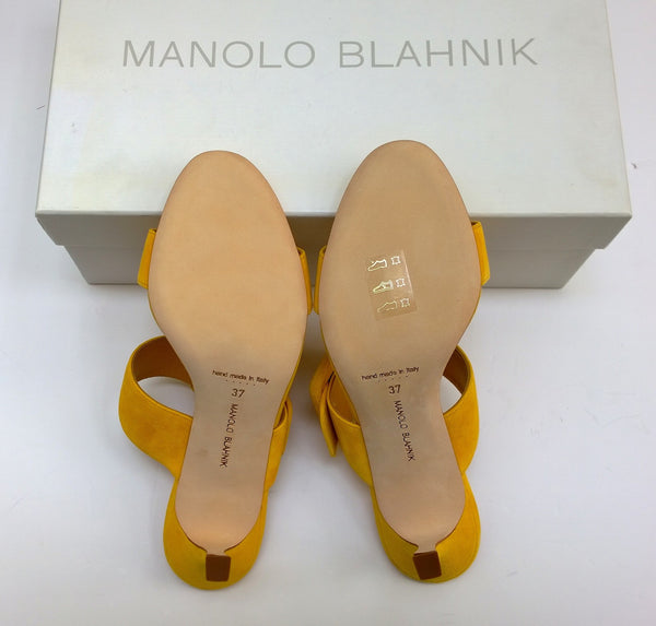 Manolo Blahnik Gable 70 Buckle Slides in Bright Yellow Suede Sandals Heels