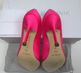 Manolo Blahnik Bright Pink Hangisi 105 Heels with Turquoise Blue Rhinestone Buckle Shoes