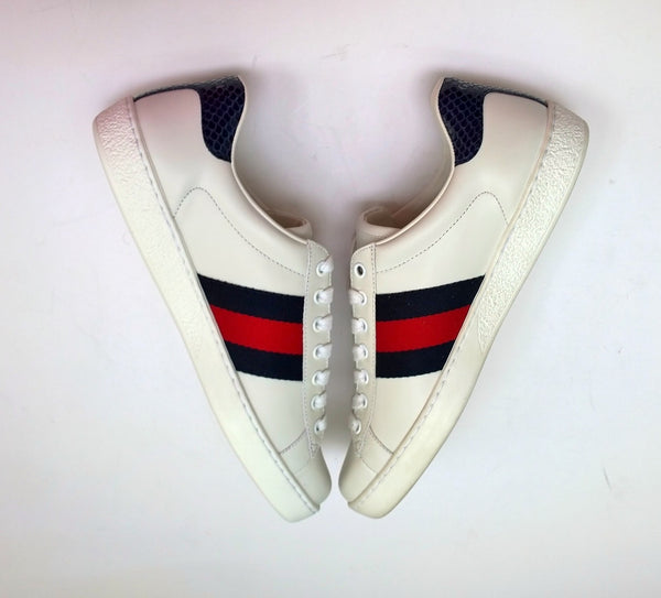 Gucci New Ace Blue Croc Tab White Leather Sneakers with Grosgrain Detail