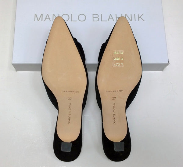 Manolo Blahnik Maysale 50 Black Suede Square Buckle Mules New Heels