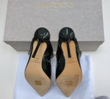 Jimmy Choo Bing 100 Black Patent Rhinestone Strap Mules Heels