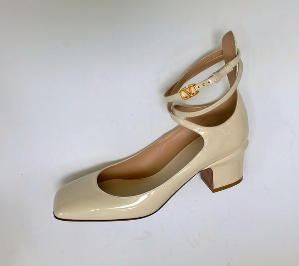 Valentino Garavani Tango 60 Ankle Strap Block Heels in Cream Patent Leather.