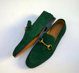 Gucci Jordaan Green Suede Bit Loafers Flats Shoes