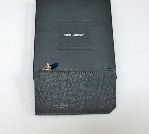 Saint Laurent Fragments Card Holder in Storm Grey Leather Zipped Wallet