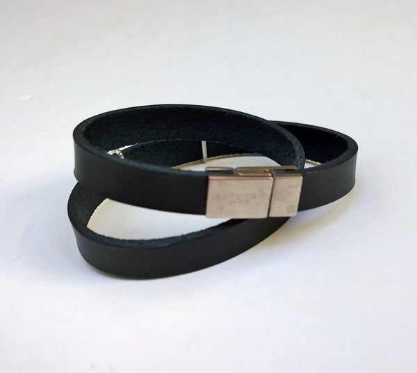 Saint Laurent Opyum YSL Logo Black Leather Double Wrap Bracelet in Oxidized Silver Cassandre