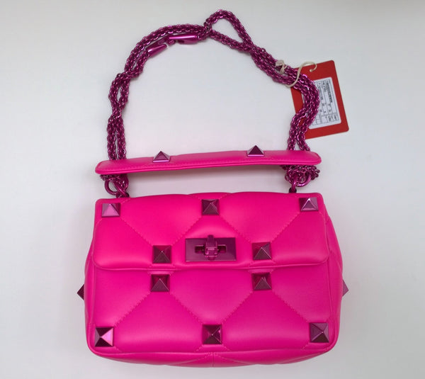 Valentino Garavani Roman Stud Medium PP Pink Fuchsia Rocktud Chain Handbag