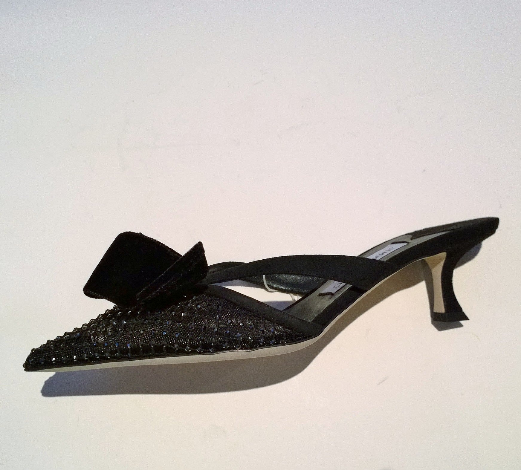 クリスタル★Jimmy Choo FLACA 50 大リボン ミュール ブラック Jimmy Choo Flaca 50 Crystal Mesh Mules With Satin Bows in