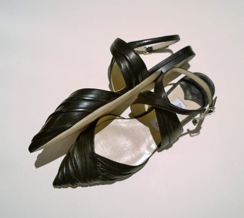 Jimmy Choo Basil Black Leather Pleated Ankle Strap Flats Shoes