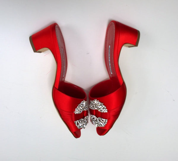 Manolo Blahnik Prinap 50 Bright Red Satin Rhinestone Sandals Slides