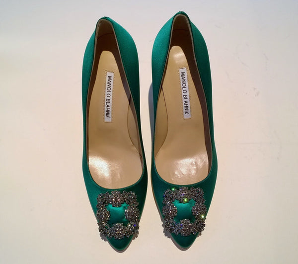 Manolo Blahnik Hangisi 90 Rhinestone Buckle Heels in Bright Green Satin Strass Shoes