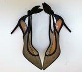 Aquazzura Bow Tie 85 Black Suede and Mesh Bow Heels