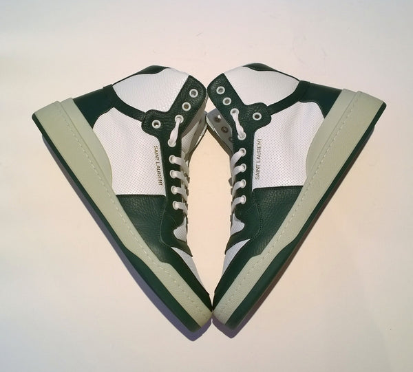 Saint Laurent SL24 High Top Sneakers in White and Green Leather NIB Shoes