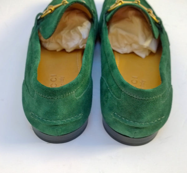 Gucci Jordaan Green Suede Bit Loafers Flats Shoes