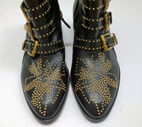 Chloé Susanna Black Leather Ankle Gold Studs Buckle Boots Studded New in Box