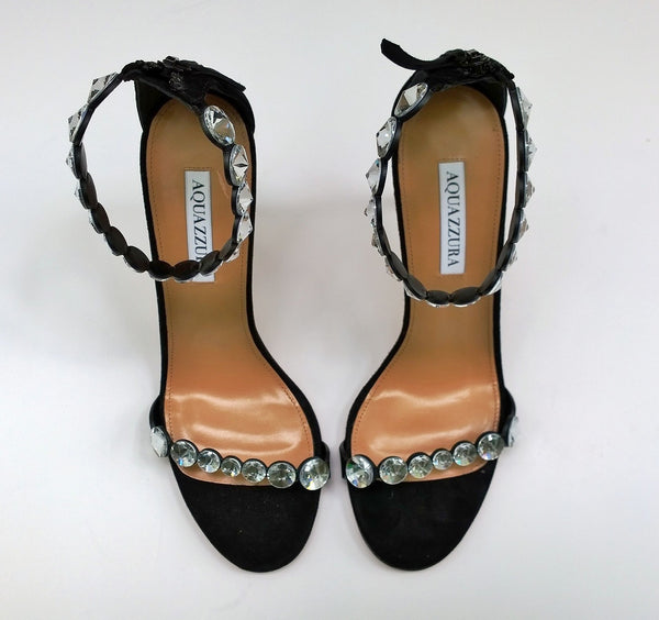 Aquazzura Max Tequila 105 Black Suede Rhinestone Ankle Strap Heels Sandals