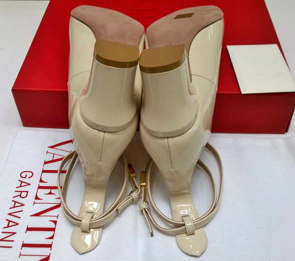 Valentino Garavani Tango 60 Ankle Strap Block Heels in Cream Patent Leather.