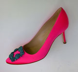 Manolo Blahnik Hangisi Bright Pink Turquoise Buckle Rhinestone Heels Fuchsia Shoes