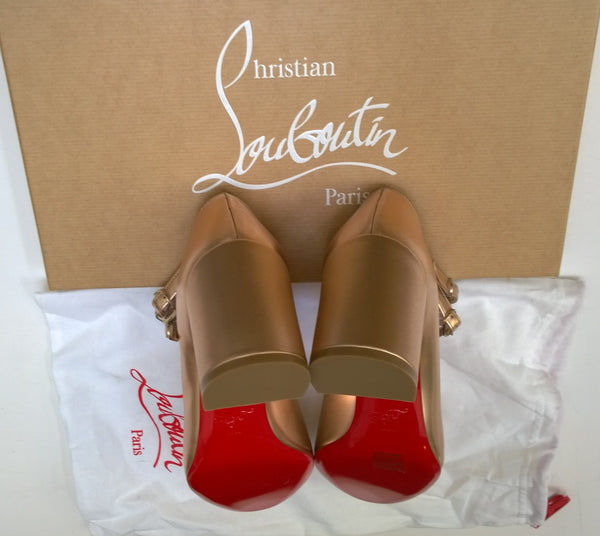 Christian Louboutin Miss Jane 55 Rose Gold Metallic Leather Mary Jane Ankle Strap Heels