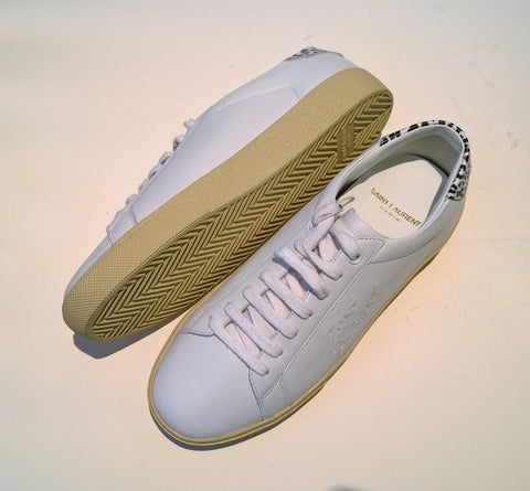 Saint Laurent Court Classic White Leather Sneakers with Snow Leopard Print Detail New Shoes